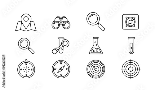 Discovery outline icons set with map location binoculars search magnifier and exploration science symbols vector collection