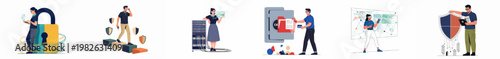 Comprehensive Set of Cybersecurity Illustrations Showing Data Protection, Server Management, Encryption, Global Monitoring, and Secure Storage by IT Professionals.