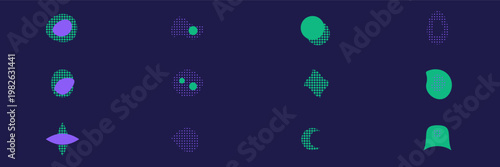Hand-drawn organic fluid shapes with halftone dot patterns on a dark blue background modern illustration