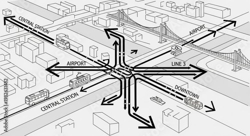 Urban Planning Crossroads Diagram with Traffic Flow Arrows.