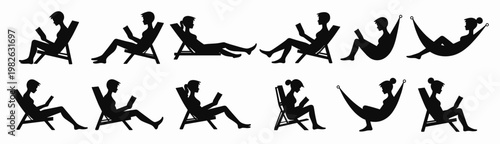 silhouettes of women relaxing and reading in hammocks 