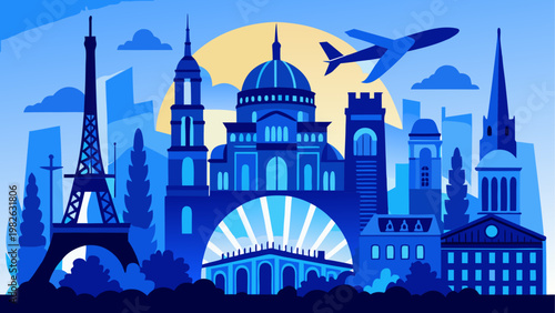 Futuristic cityscape with glowing blue buildings and a large robot figure