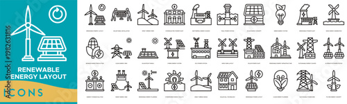 Renewable Energy Layout Icon set. Solar Panel Installation, Wind Turbine Farm, Hydroelectric Power Plant, Geothermal Energy Source, Tidal Power Station, Solar Energy Concept and Green Energy System