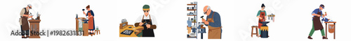 Set of flat illustrations showing diverse jewelers and artisans working on jewelry pieces in their professional workshops with specialized tools.