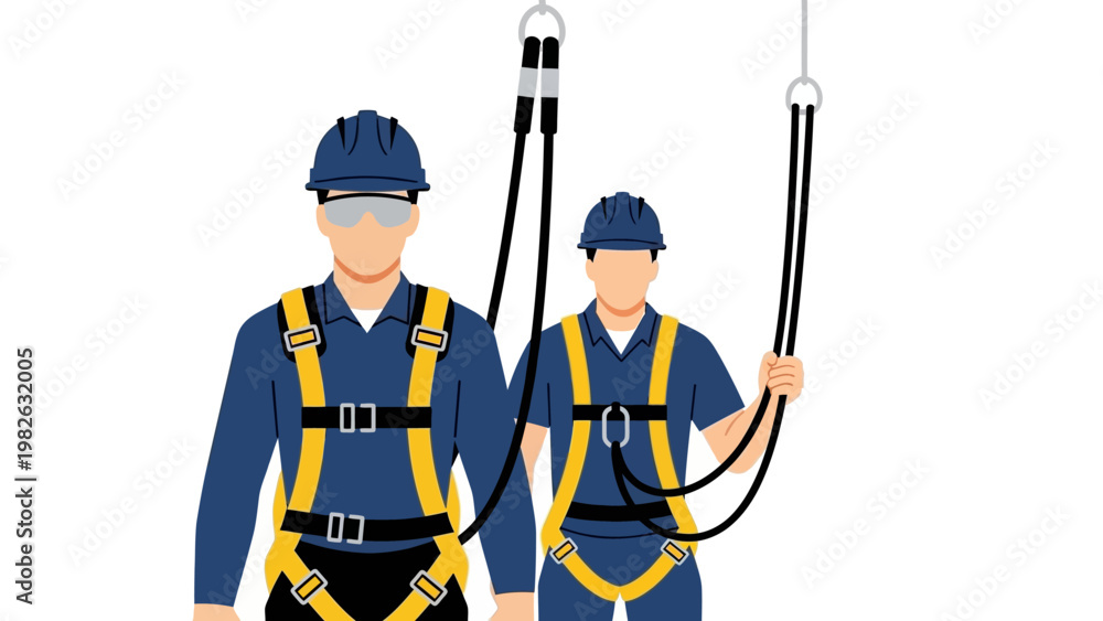 Fototapeta premium Construction safety: workers in harnesses with helmets and ropes