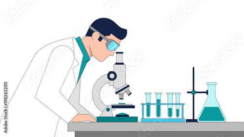 Scientist using microscope in lab setting with test tubes and beaker