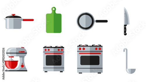 Colorful kitchen essentials collection with modern cooking tools and appliances