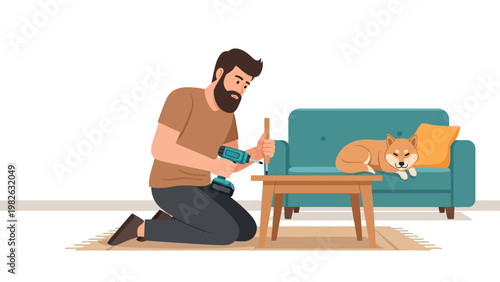 Man assembling furniture with drill while dog rests on sofa in modern room
