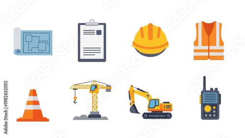 Construction tools and safety gear icons set for engineering and building projects