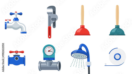 Plumbing tools and equipment collection in modern flat style