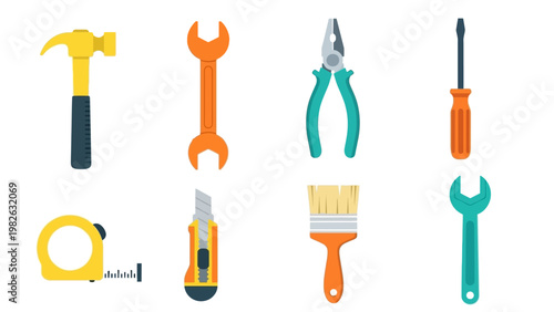 Colorful flat design tools set with hammer, wrench, pliers, screwdriver, tape, knife, paintbrush