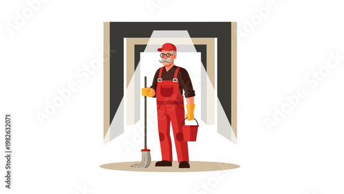 Professional janitor in uniform holding mop and bucket in modern corridor design