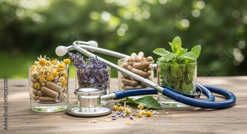 Integrative medicine stethoscope with dried herbs and herbal capsules, on wooden table, alternative therapy and natural remedy for body wellness