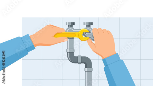 Repairing pipes with wrench in bathroom setting