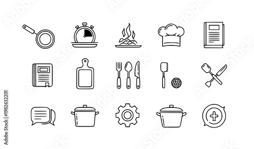 Cooking and kitchen essentials line icon collection with utensils and recipe elements vector illustration
