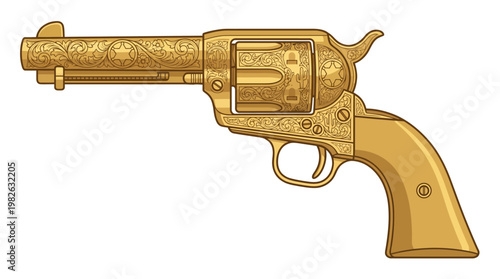 A detailed illustration of a golden, ornate Western-style revolver with intricate engravings.