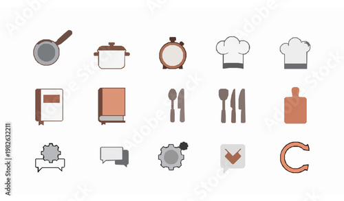 Modern kitchen tools and cooking app UI line icon pack isolated on white background vector set