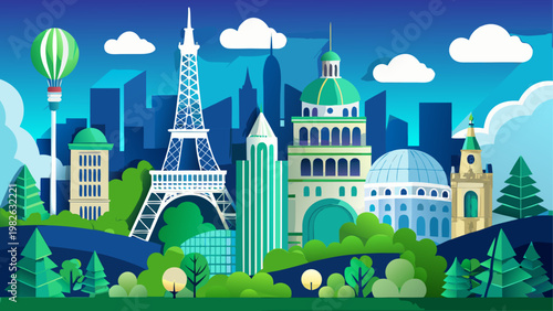 Futuristic city skyline with iconic global landmarks and green spaces