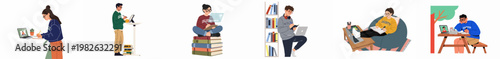Set of diverse students and young professionals working and studying remotely in various settings using laptops, tablets, and notebooks.