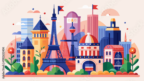 Colorful illustration of famous european city landmarks