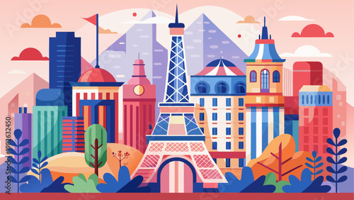 Colorful illustration of a city skyline with hot air balloons