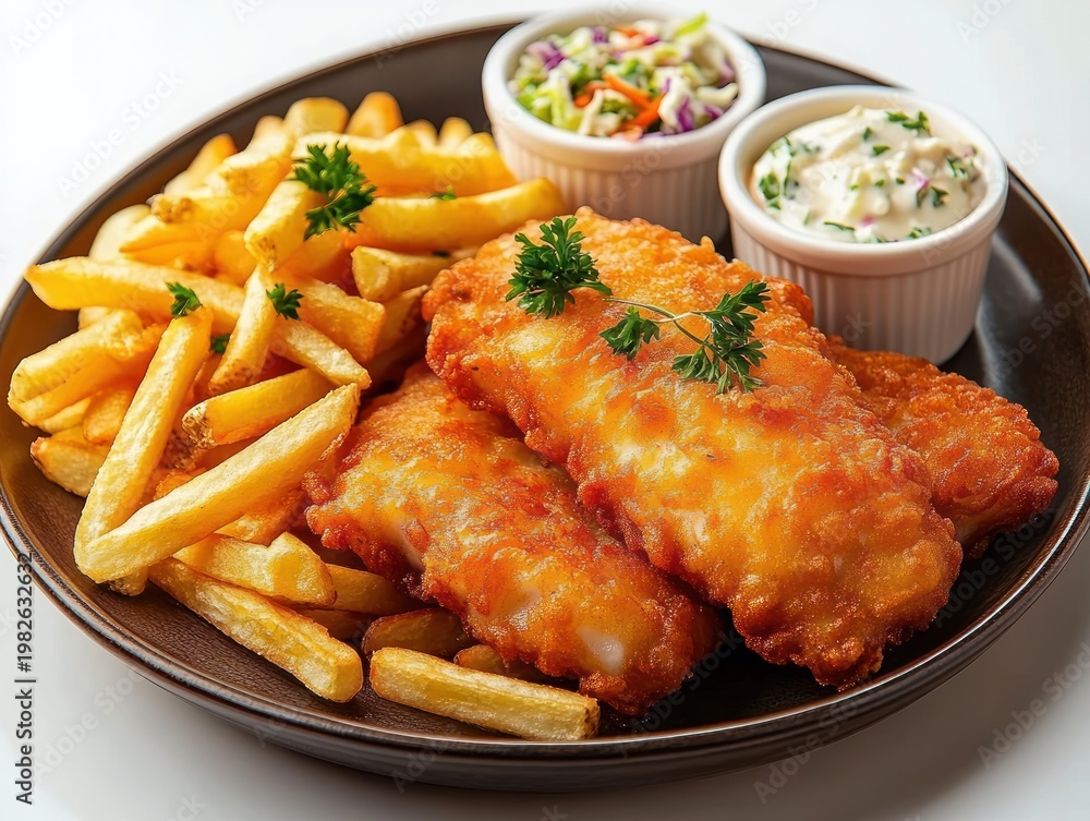 Fototapeta premium Hearty plate of golden battered fish with crispy fries, creamy tartar sauce and crunchy coleslaw garnished with fresh parsley, warm and appetizing comfort meal