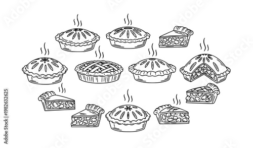 Black and white apple pie line art vector set with steaming pies and slices for bakery menu design