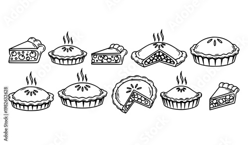Minimal apple pie line icons set with steaming slices black and white vector for bakery branding