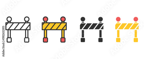 Road construction barriers with warning light icon set vector on white background, safety and caution pictograms featuring cones