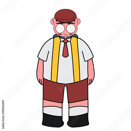 Chibi Character Schoolboy in Uniform Standing, Full Body Cute Cartoon Schoolboy Avatar, Chibi Student with Maroon Hat and Yellow Suspenders