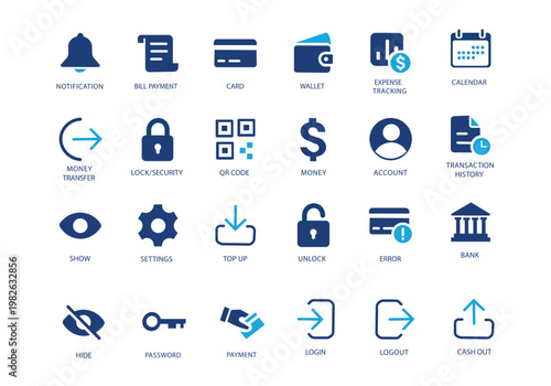 Finance app icon collection featuring top up, cash out, wallet, payment, money transfer and transaction history symbols. Solid vector icons.