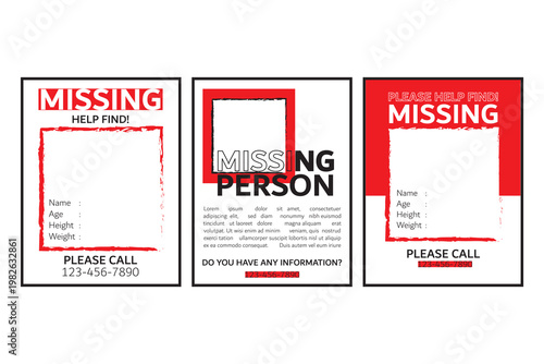 Set of missing person posters in red style with warning information. Wanted poster template
