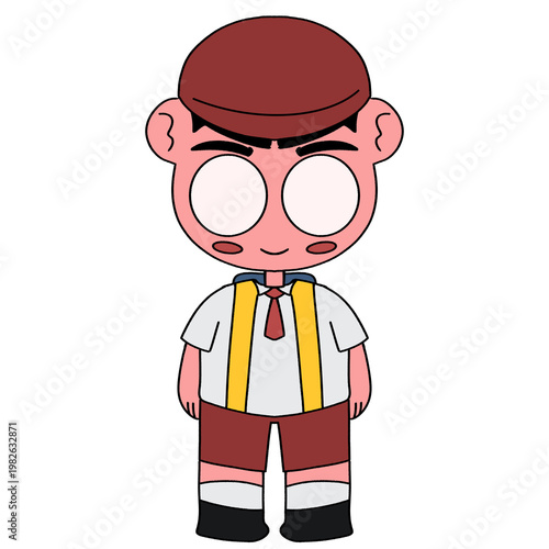 Chibi Character Schoolboy in Uniform Standing, Full Body Cute Cartoon Schoolboy Avatar, Chibi Student with Maroon Hat and Yellow Suspenders