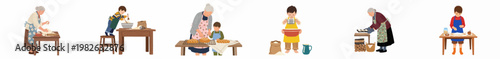Set of illustrations depicting a grandmother and her grandson baking together, featuring activities like kneading dough, mixing ingredients, and sifting flour.