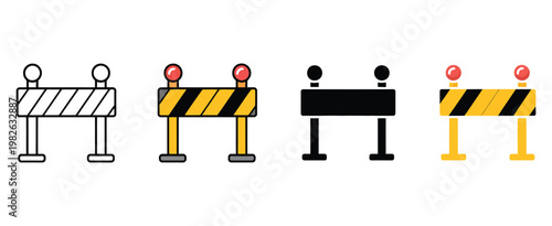 Road construction barriers with warning light icon set vector on white background, safety, caution, signs, road blockage, traffic cone icon collection