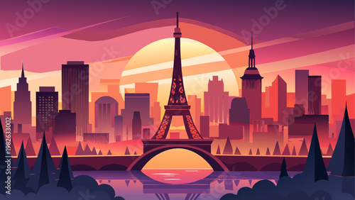 Silhouette of city skyline with eiffel tower at sunset