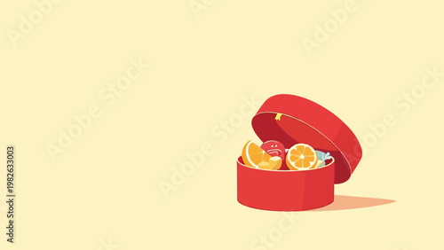 Minimalist flat vector of Chinese New Year snack tray with simple shapes and red gold color palette. Clean modern design with copy space, ideal for festive templates and graphics