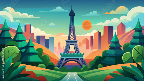 Colorful illustration of the eiffel tower at sunset with hot air balloons