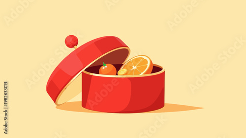 Minimalist flat vector of Chinese New Year snack tray with simple shapes and red gold color palette. Clean modern design with copy space, ideal for festive templates and graphics