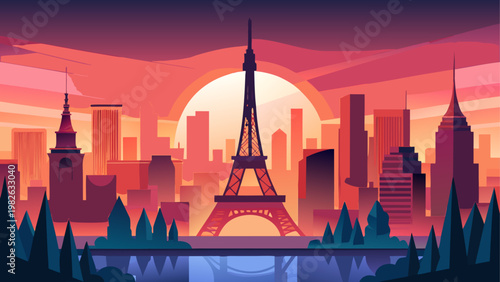 Eiffel tower and paris landmarks in a row of colorful icons