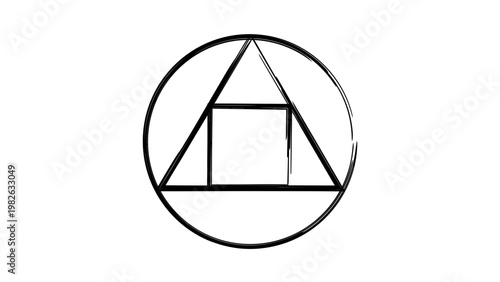 Minimalist Alchemy Symbol Vector Icon Illustration: Hand-drawn black line drawing of the philosopher's stone with circle, triangle, and square shapes on white, ideal for esoteric and mystical designs.