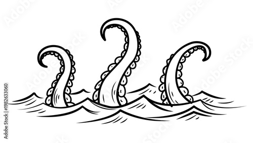 Kraken tentacles emerging from sea waves, minimalist black line vector illustration. Hand-drawn octopus arms rising from ocean water, mythical sea monster icon, scalable SVG graphic element.