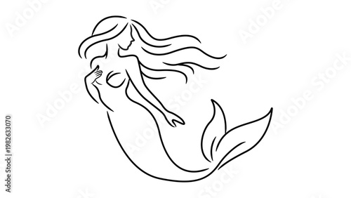 Minimalist black line vector illustration of a graceful mermaid siren silhouette with flowing hair and a fish tail, hand-drawn outline icon on a white background for elegant logo or tattoo design.