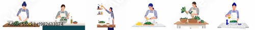 Set of vector illustrations showing women in aprons preparing healthy fresh salads with green leafy vegetables, lemon, and olive oil.