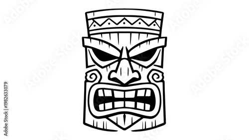 Minimalist black line vector icon illustration of a traditional carved Polynesian Tiki mask with an angry expression, hand-drawn outline style on a white background for tropical and tribal designs.