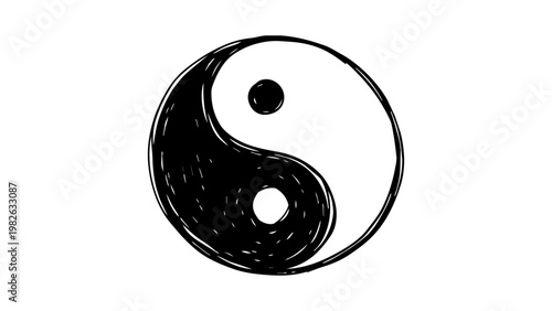 Minimalist hand-drawn Yin Yang vector icon illustration in black line art style on a white background, representing balance, harmony, and spiritual duality for Zen and Taoist design concepts.