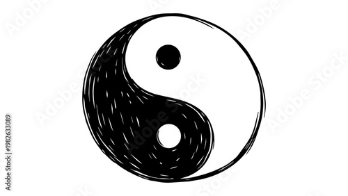 Hand-drawn Yin Yang vector icon illustration. Minimalist black line art on white background representing balance, harmony, and duality. Scalable SVG graphic for spiritual and zen designs.