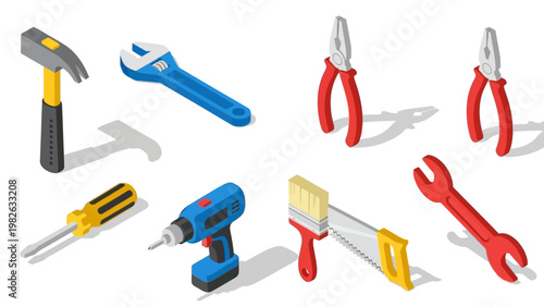 Isometric set of diy tools on white background: hammer, wrench, pliers, screwdriver, drill, saw, paintbrush