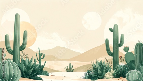 Retro Boho Desert Scenery with Sand Dunes and Mountains