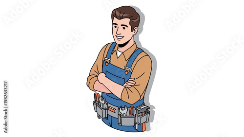 Friendly cartoon handyman in overalls with tool belt smiling